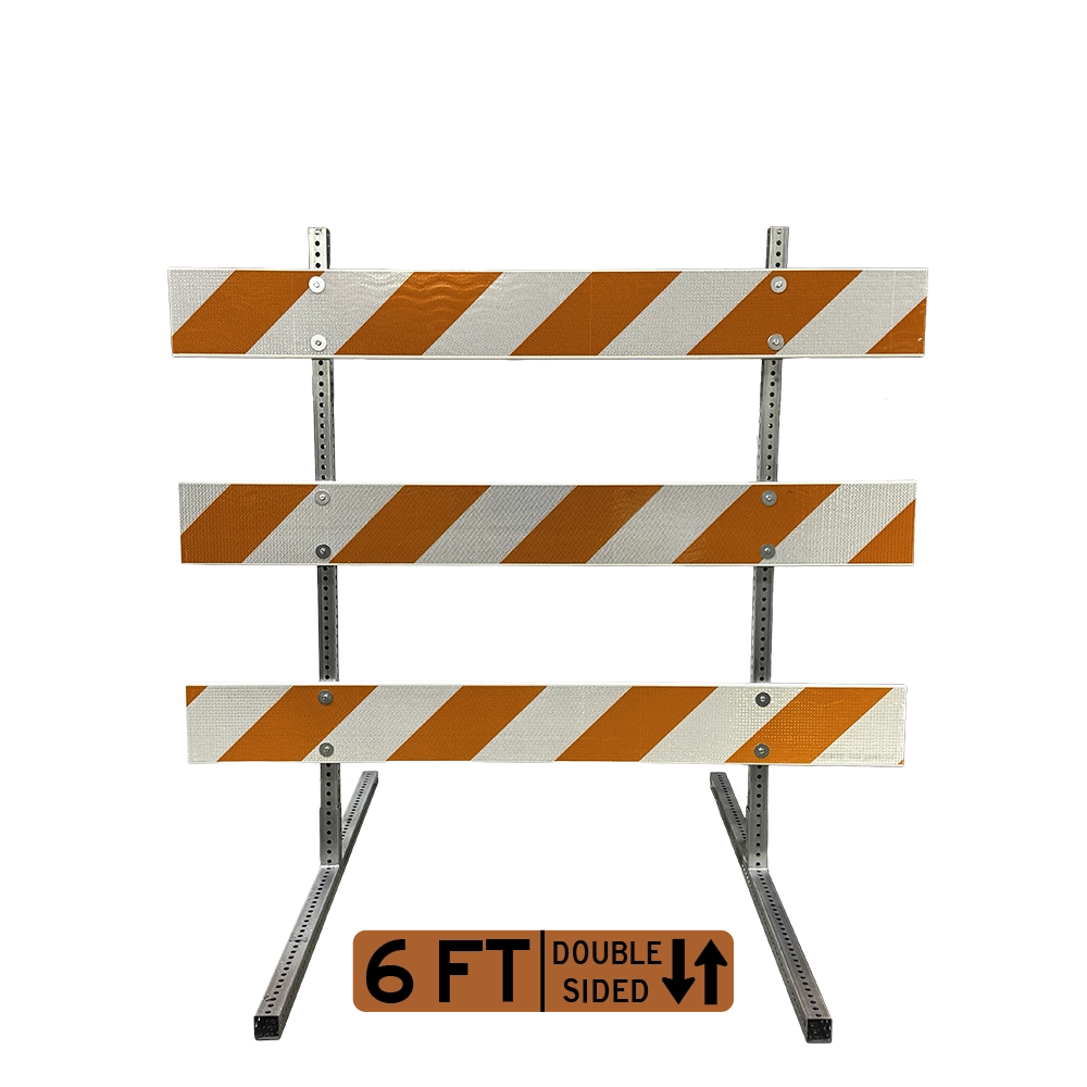 6-foot double-sided Type III barricade mounted on galvanized telespar steel post uprights with high intensity prismatic (HIP) retroreflective sheeting on all three horizontal rails, delivering rugged durability for roadway closure applications.