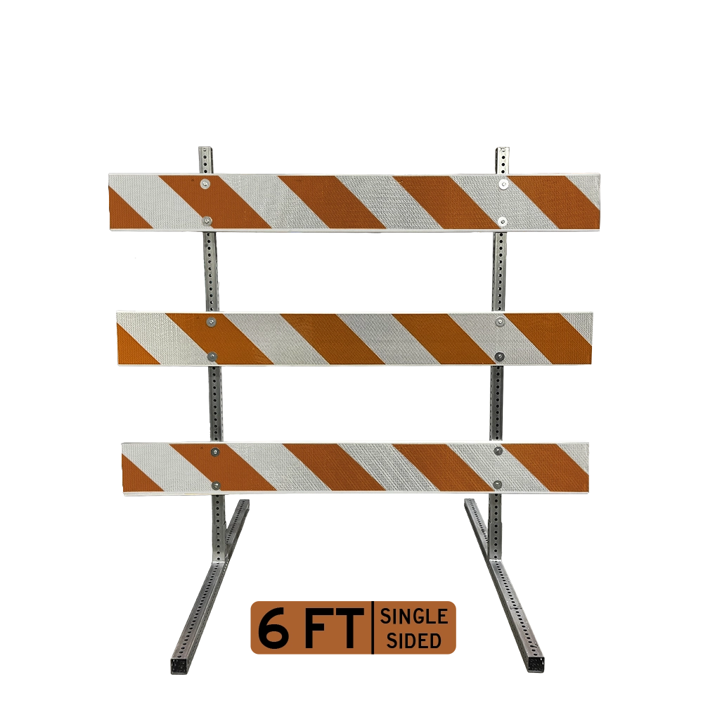 A 6-foot single-sided right-stripe Type III barricade with three horizontal rails showing alternating orange and white high intensity prismatic diagonal stripes descending to the right, attached to galvanized perforated telespar square steel post uprights