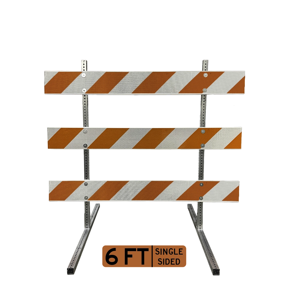 A 6-foot single-sided right-stripe Type III barricade with three horizontal rails showing alternating orange and white high intensity prismatic diagonal stripes descending to the right, attached to galvanized perforated telespar square steel post uprights