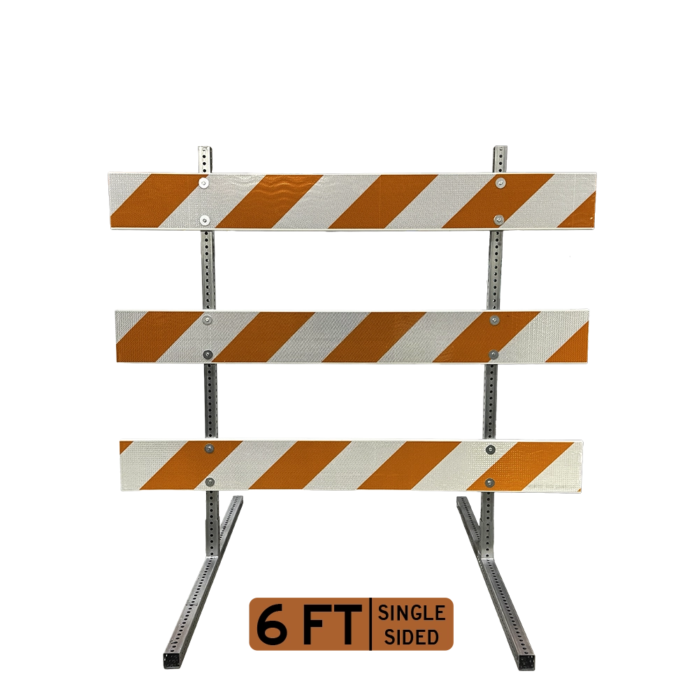 A 6-foot single-sided right-stripe Type III barricade with three horizontal rails showing alternating orange and white high intensity prismatic diagonal stripes descending to the right, attached to galvanized perforated telespar square steel post uprights