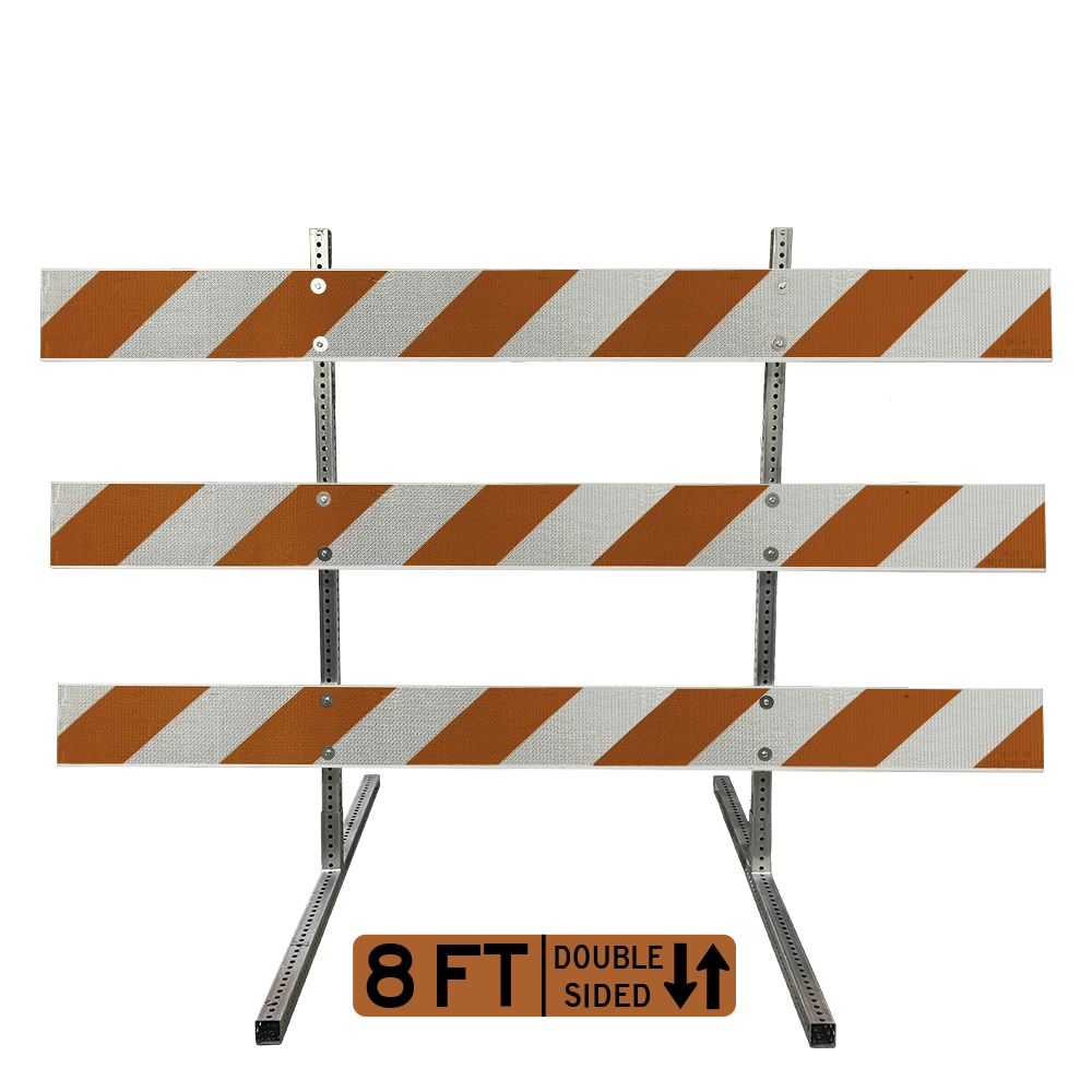8-foot double-sided Type III barricade enveloped in full cube ultra prismatic reflective sheeting on three oversized horizontal rails and mounted on galvanized telespar steel post uprights, ensuring superior bidirectional retroreflective visibility for wide-span road closure operations.
