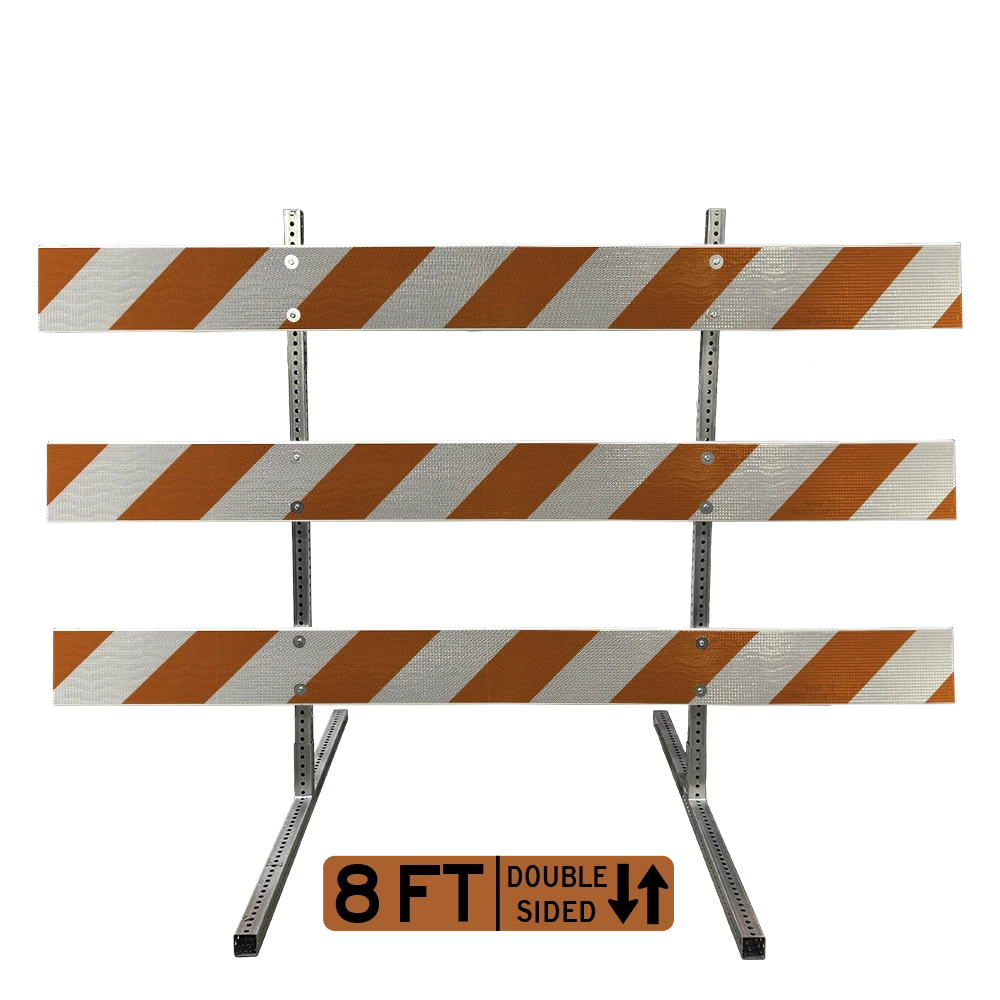 8-foot double-sided Type III barricade mounted on galvanized telespar steel post uprights with high intensity prismatic (HIP) retroreflective sheeting on all three oversized horizontal rails, engineered for wide-span roadway closure applications.