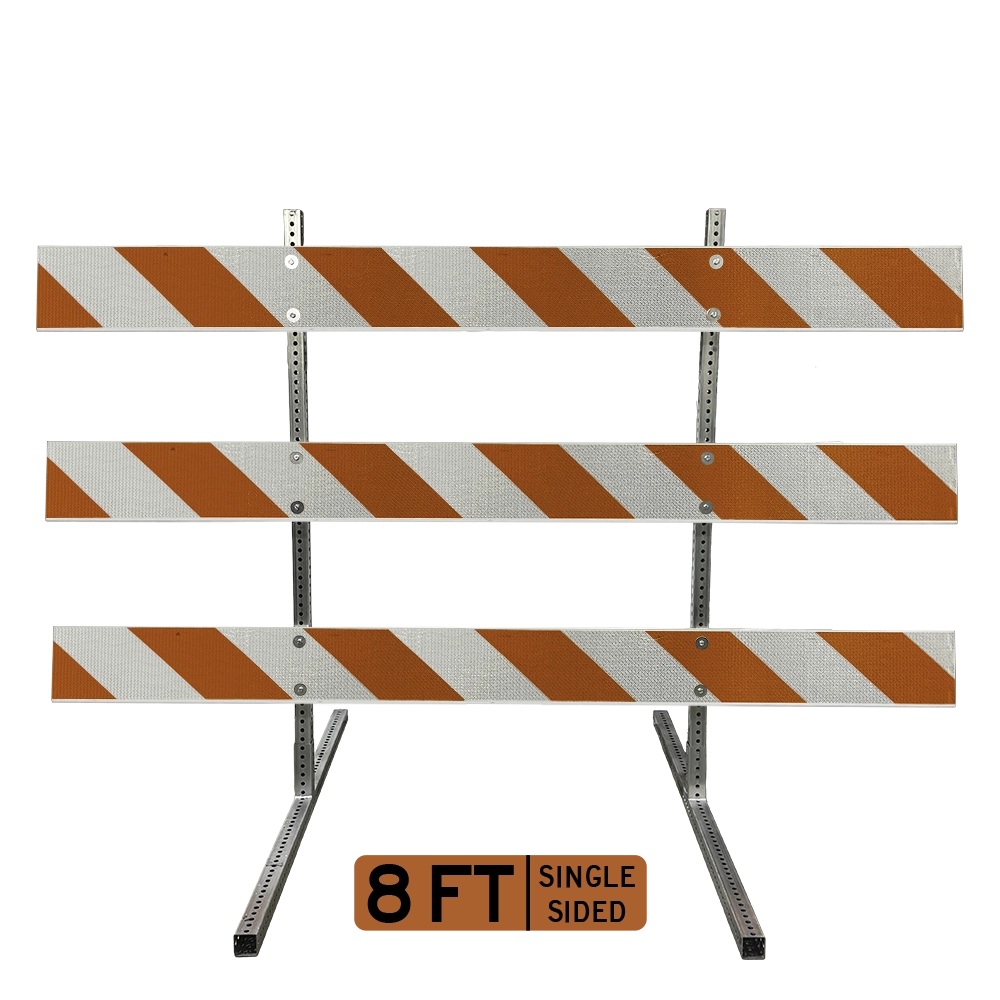 The Type III Barricade, governed under MUTCD Section 6K.07, is an extended-width portable three-rail channelizing device layered with left-descending full cube ultra prismatic reflective striping and fastened to galvanized telespar steel post uprights, employed to barricade roadways and divert traffic during temporary closures and sustained maintenance zone activities.