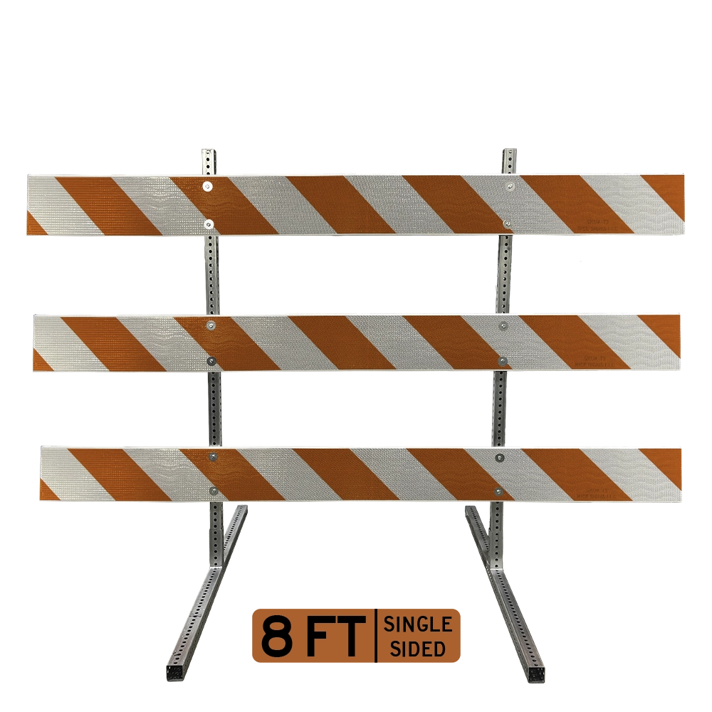 8-foot single-sided Type III barricade with left-angled high intensity prismatic (HIP) retroreflective striping secured to galvanized telespar steel post uprights, built to channel approaching traffic toward the left across wide roadway closures.