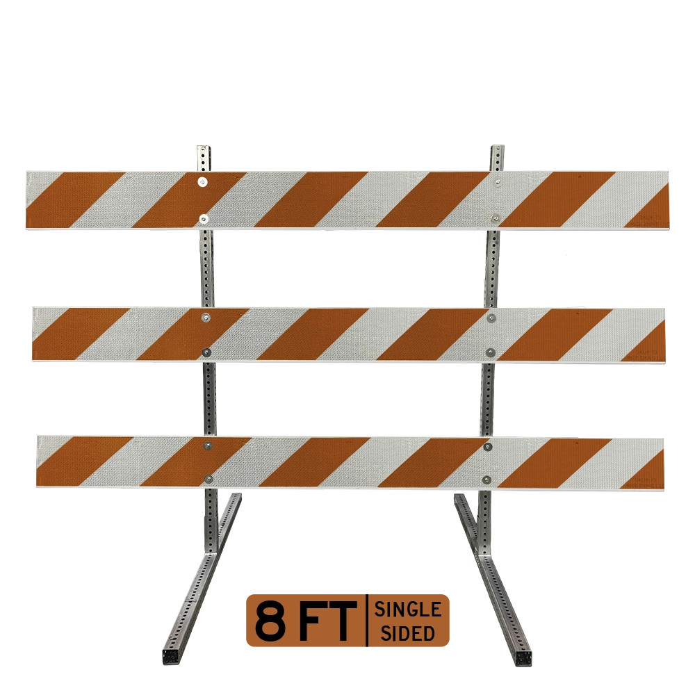 The Type III Barricade, governed under MUTCD Section 6K.07, is an extended-width portable three-rail channelizing device layered with left-descending full cube ultra prismatic reflective striping and fastened to galvanized telespar steel post uprights, employed to barricade roadways and divert traffic during temporary closures and sustained maintenance zone activities.