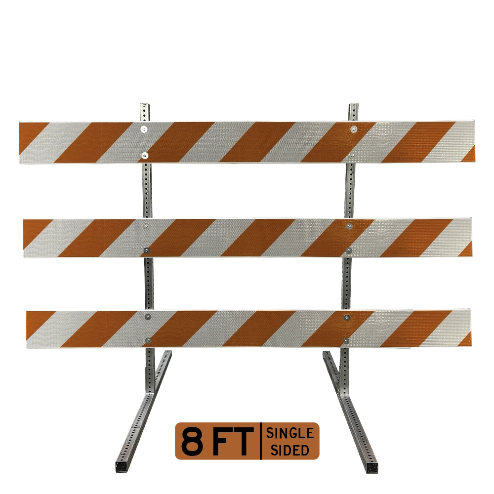 8-foot single-sided Type III barricade with right-descending high intensity prismatic (HIP) retroreflective striping fixed to galvanized telespar steel post uprights, designed to escort approaching traffic toward the right across wide road closures.