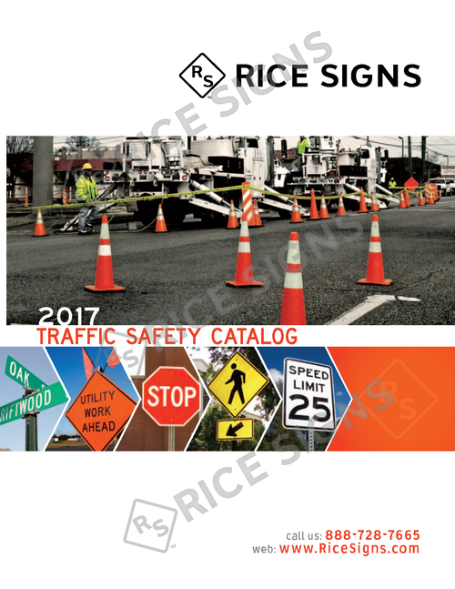 Rice Signs 2017 Traffic Safety Catalog front cover featuring orange traffic cones, a red R1-1 STOP sign, a SPEED LIMIT 25 regulatory sign, work zone signage, and roadside safety equipment.