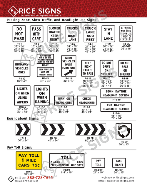Rice Signs catalog page 10 — Regulatory Signs section showing R4-1 Do Not Pass signs, R4-2 Pass With Care signs, R4-16 and R4-17 Keep Right Except To Pass signs, R4-5 and R4-6 Trucks Use Right Lane signs, R4-3 Slow Traffic Keep Right, R4-10 Runaway Vehicles Only, R16 series Headlight Use signs, R6-4 Roundabout circular intersection signs, R6-5P roundabout yield plaque, and R3-28 Pay Toll signs with R3-29P and R3-30P toll plaques.