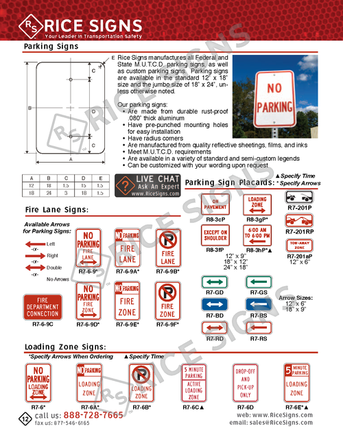 Rice Signs catalog page 12 — start of the Parking Signs section showing R7-1 No Parking signs with various arrow variants, R7-2 No Standing signs, R7-3 No Stopping signs, R7-7 Tow-Away Zone signs, fire lane parking signs, R7-6 series loading zone signs, and R7-bd, R7-bs, R7-gd, R7-gs, R7-rd, and R7-rs arrow placard signs in blue, green, and red.