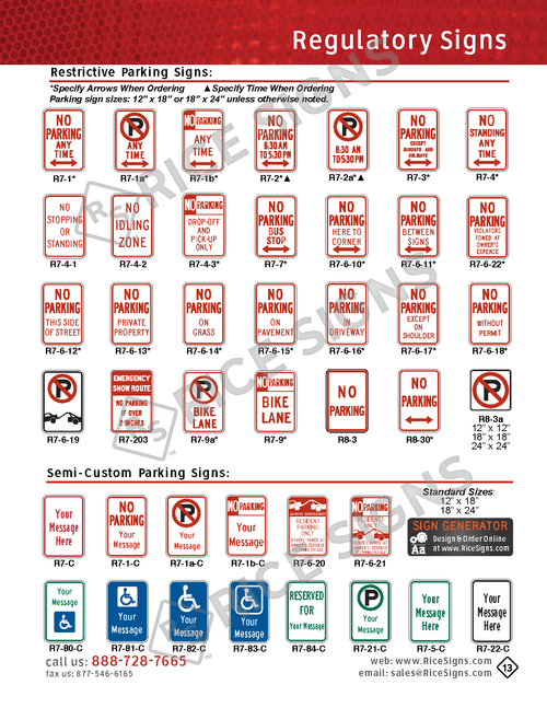 Rice Signs catalog page 13 — Parking Signs section showing R7-5 and R7-6 series time-restricted parking signs (15 minute, 30 minute, 1 hour, 2 hour parking), R7-201 restrictive placards, R8-3 series No Parking plaques, and semi-custom parking signs (R7-1-c, R7-1a-c, R7-1b-c, R7-21-c, R7-22-c, R7-5-c, R7-80-c, R7-81-c, R7-84-c, R7-c) with customizable text fields for day, time, and tenant restrictions.