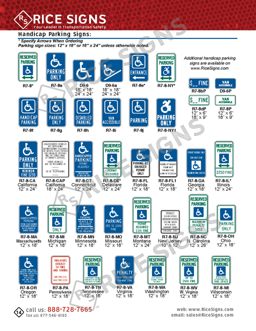 Rice Signs catalog page 14 — Handicap Parking Signs section showing R7-8 Reserved Parking signs with the International Symbol of Accessibility, Van Accessible plaques, state-specific handicap parking variants (California, Florida, and other state versions), accessibility parking signs with custom fine amount fields, and additional handicap parking signs available in 12 inch by 18 inch and 18 inch by 24 inch sizes.
