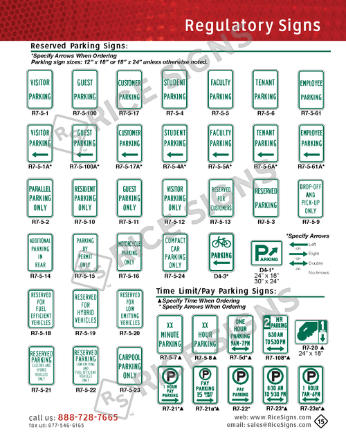 Rice Signs catalog page 15 — Parking Signs section showing R7-5 series Reserved Parking signs with VISITOR, EMPLOYEE, CUSTOMER, TENANT, EMPLOYEES, VISITORS, and CUSTOMERS designations; D4-1 and D4-3 informational reserved parking signs; R7-21, R7-21a, R7-22, R7-23, and R7-23a Pay Parking signs; and R7-20, R7-108, R7-5-7, R7-5-8, R7-5d Time-Limit Parking signs for 15-minute, 30-minute, 1-hour, and 2-hour parking restrictions.