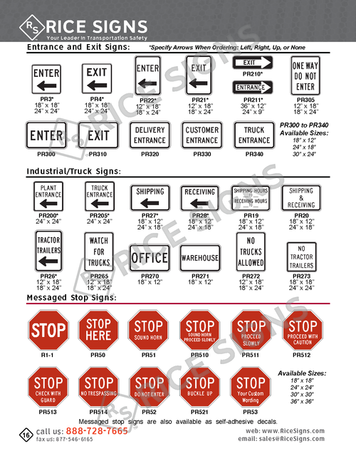Rice Signs catalog page 16 — start of the Property Signs section showing yellow and green Enter and Exit signs, One Way arrow signs, Delivery Entrance, Customer Entrance, and Employee Entrance signs, industrial property signs including Shipping, Receiving, Shipping/Receiving, Truck Entrance, Trucks, Office, Warehouse, and No Trucks signs, and messaged STOP signs with custom text below the octagonal STOP symbol.