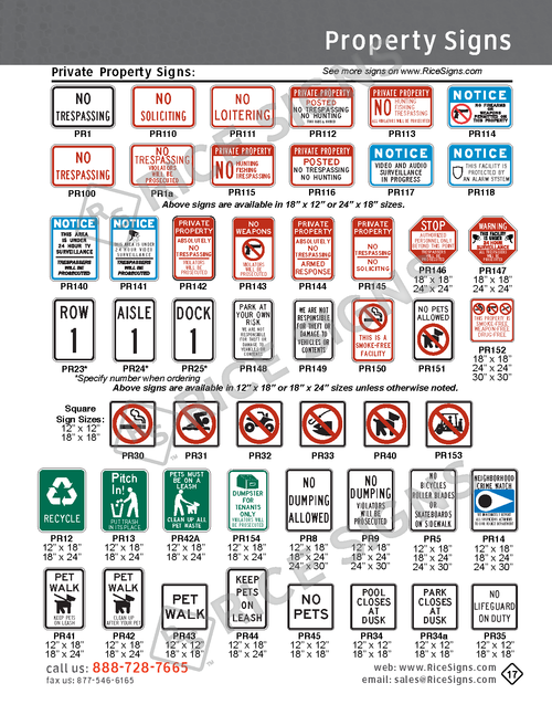 Rice Signs catalog page 17 — Private Property Signs section showing No Trespassing signs in red, Posted Property signs, No Loitering signs, No Soliciting signs, Beware of Dog signs, Keep Out signs, No Hunting, No Fishing, and No Swimming activity restriction signs, plus Right of Way, Bikes warning, and Dock signs for private roads, driveways, and waterfront properties.