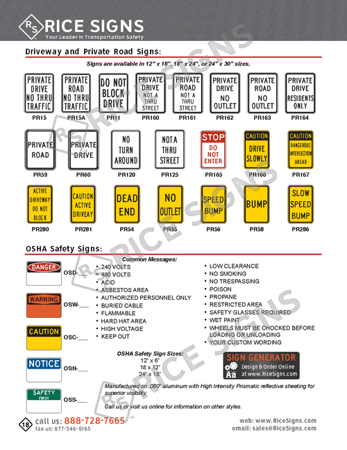 Rice Signs catalog page 18 — Property Signs section showing Private Road and Private Drive signs, Do Not Block Driveway signs, No Parking On Grass signs, Not A Through Street signs, Private Resident signs, yellow W14-1 Dead End and W14-2 No Outlet warning signs, W17-1 Speed Hump signs, SLOW signs, and OSHA-format safety signs in red Danger, yellow Caution, blue Notice, orange Warning, and green Safety First headers.