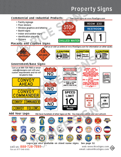 Rice Signs catalog page 19 — last page of the Property Signs section showing the company custom manufacturing capabilities including facility signage, floor markers, window graphics and lettering, backlit signs, indoor and outdoor signage, identification placards, stickers, plus OSHA-format hard hat area, eye protection required, hearing protection required, and safety glasses required placards, custom government and military base signs including Convoy Ahead and Convoy Commander signs, and a sample of customer logo signs for police, fire, military, and government agencies.