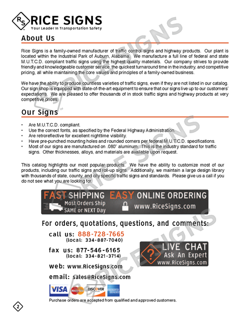 Rice Signs catalog page 2 — About Us and Our Signs information describing the company location in Auburn, Alabama, MUTCD-compliant manufacturing standards, 0.080 aluminum substrates, HIP and UPG reflective sheeting, U-channel and square sign post compatibility, shipping policy, and customer service contact options.