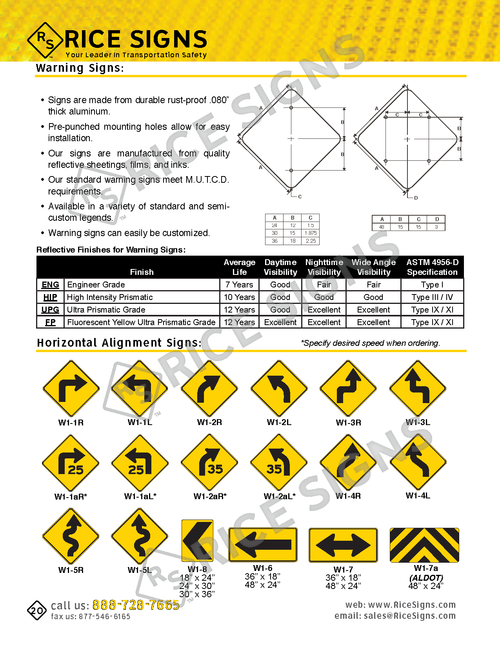 Rice Signs catalog page 20 — start of the Warning Signs section showing diamond-shaped yellow warning sign specifications, 0.080 aluminum substrate details, reflective performance table comparing Engineer Grade, HIP, and Diamond Grade sheeting service life, and Horizontal Alignment Signs including W1-1 Turn left and right signs, W1-2 Curve left and right signs, W1-3 Reverse Turn signs, W1-4 Combination Curve direction change signs, W1-5 Winding Road, W1-6 Large Arrow, W1-7 Two-Direction Arrow, and W1-8 Chevron alignment signs.