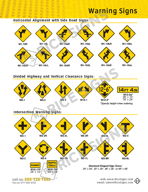 Rice Signs catalog page 21 — Warning Signs section showing W1-10 series Horizontal Alignment with Side Road combination signs, W6-1, W6-2, and W6-3 Divided Highway and Divided Highway Ends signs, W12-1 and W12-2 Vertical Clearance signs with custom height options (12 ft 4 in, 14 ft 4 in), and W2 series Intersection Warning Signs including W2-1 Cross Road, W2-2 Side Road, W2-3 T Intersection, W2-4 Y Intersection, W2-5 Stop Ahead, W2-6 Signal Ahead, and W2-7 and W2-8 intersection variants.