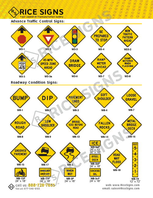 Rice Signs catalog page 22 — Warning Signs section showing W3-1 Stop Ahead, W3-2 Yield Ahead, W3-3 Signal Ahead, W3-5 Reduced Speed Limit Ahead, W3-6 Draw Bridge Movable Bridge Ahead, W3-7 and W3-8 advance traffic control sign variants, W23-2 Road Work sign, plus W8-1 Bump, W8-2 Dip, W8-3 Pavement Ends, W8-5 Slippery When Wet (and variants), W8-8 Rough Road, W8-9 Low Shoulder, W8-13 Bridge Ices Before Road, W8-14 Fallen Rock and Rock Slide, and W8-16 through W8-25 additional roadway condition signs.