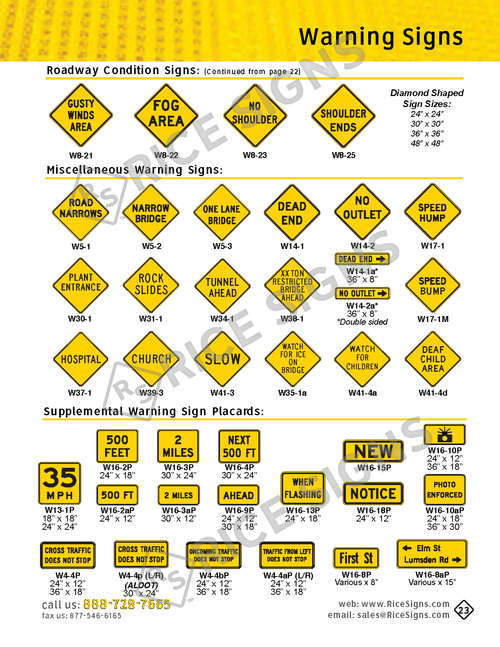 Rice Signs catalog page 23 — Warning Signs section showing continued Roadway Condition Signs (Wind Cone, Fog Area, Soft Shoulder), Miscellaneous Warning Signs (W5-1, W5-2, W5-3 Narrow Road and Bridge, W14-1 Dead End, W14-2 No Outlet, W17-1 Speed Hump, W31-1, W34-1, W35-1a, W37-1, W38-1, W39-3, W41-3, W41-4d), and Supplemental Warning Placards (W4-4 series arrow plaques, W13-1P Advisory Speed Plaque, W16-2aP through W16-18P distance and direction plaques, W16-8P arrow plaques).