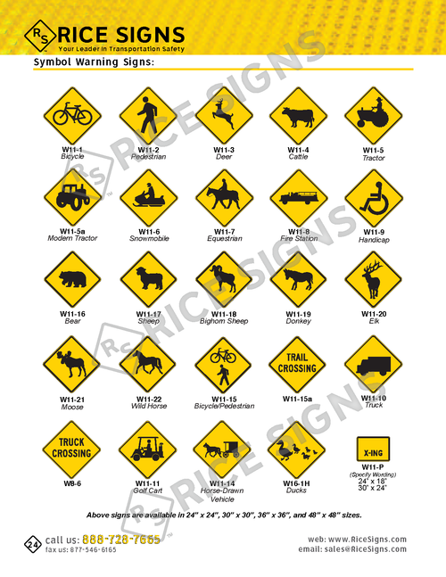 Rice Signs catalog page 24 — Symbol Warning Signs section showing W11 series diamond-shaped yellow symbol warning signs including W11-3 Deer Crossing, W11-4 Cattle Crossing, W11-5 Farm Tractor Crossing, W11-6 Snowmobile Crossing, W11-7 Equestrian Crossing, W11-8 Truck Crossing, W11-9 Truck Crossing, W11-10 Vehicle Crossing, W11-11 Vehicle Crossing, W11-14 Pedestrian Crossing, W11-15a Playground / Children, W11-16 through W11-22 additional wildlife and special-use crossing signs, and W16-1h supplemental plaque.
