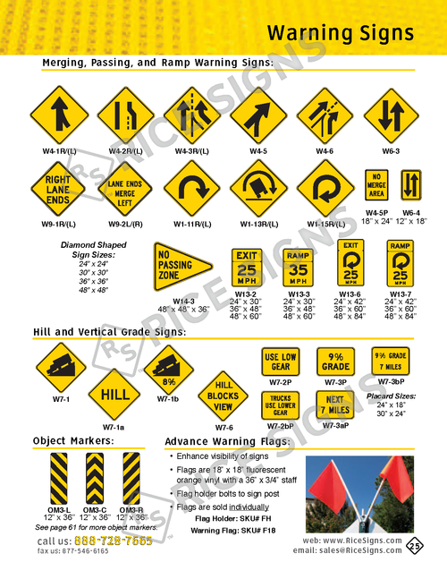 Rice Signs catalog page 25 — Warning Signs section showing W4-1L and W4-1R Merging Traffic signs, W4-3L and W4-3R Added Lane signs, W4-5R and W4-5P Added Lane plaques, W4-6R Lane Reduction, W1-11 Lane Ends signs, W1-13 and W1-15 ramp-related signs, W9-1 and W9-2 Lane Reduction signs, W13-2 and W13-3 Advisory Exit Ramp Speed signs, W13-6 and W13-7 advisory plaques, W14-3 No Passing Zone, plus W7-1 and W7-1b Hill signs, W7-2P and W7-2bP Hill Trucks Use Lower Gear plaques, W7-3P, W7-3aP, W7-3bP, and W7-6 vertical grade signs, plus Object Markers and Advance Warning Flags references.