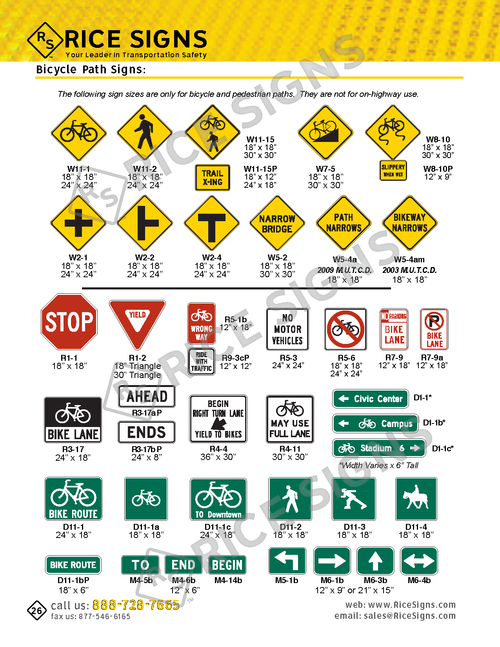 Rice Signs catalog page 26 — Bicycle Path Signs section showing W11-1 Bicycle Crossing, W11-15 and W11-15P school crossing variants, W5-4a Bicycle Bridge signs, W7-5 hill bicycle warning, W8-10 slippery bicycle surface, D11-1 and D1-1 Bike Route guide signs in multiple variants, M4 and M5 and M6 Bike Route arrow assemblies, R3-17 No Bicycles signs, R4-4 and R4-11 Bikes May Use Full Lane signs, R5-1b Wrong Way for bicycles, R5-6 Bike Path restrictive sign, R7-9 No Parking for bikes, and R9-3cP, R9-6, R9-7 pedestrian / bicycle signs.