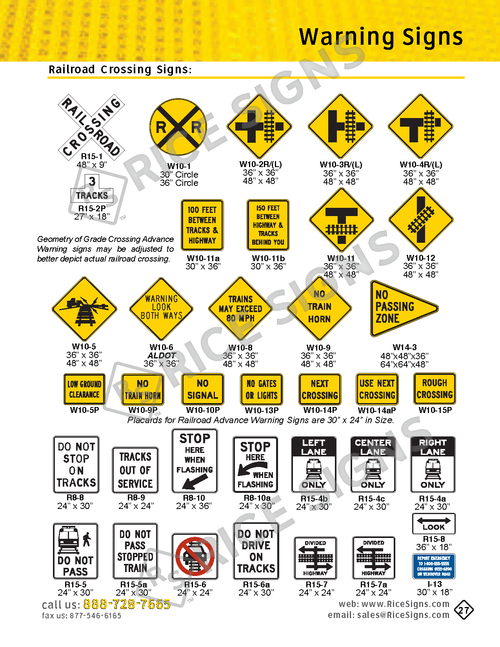 Rice Signs catalog page 27 — Railroad Crossing Signs section showing W10-1 round yellow Railroad Advance Warning sign, W10-2 Railroad Crossing diamond, W10-3 and W10-4 highway/rail grade crossing variants, W10-5 Light Rail Crossing, W10-7 Highway-Rail Grade Crossing Advance Warning, W10-11 and W10-12 pavement Railroad Crossing signs, W10-9P plaque, plus R15-1 Crossbuck Railroad Crossing, R15-2 Track Identification, R15-3 No Stopping On Tracks, R15-8 Look sign, R8-8 Do Not Stop On Tracks, and R8-9 Tracks Out Of Service signs.