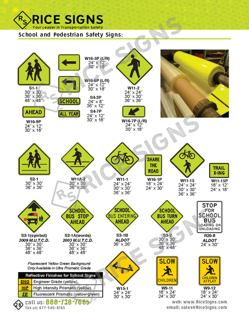 Rice Signs catalog page 28 — start of the School and Pedestrian Signs section showing S1-1 fluorescent yellow-green School Crossing pentagonal signs, S3-1, S3-1a, S3-1b, and S3-2 school zone signs, S4-3P and S4-7P School Speed Limit plaques, W11-1 Bicycle Crossing, W11-2 and W11a-2 Pedestrian Crossing signs, W15-1 Playground sign, W16-1P through W16-9P supplemental plaques (AHEAD, distance, direction), R20-8 School Crossing Guard, R1-5 Yield to Pedestrian signs with left and right arrow variants, and R1-6 in-street pedestrian crosswalk signs.