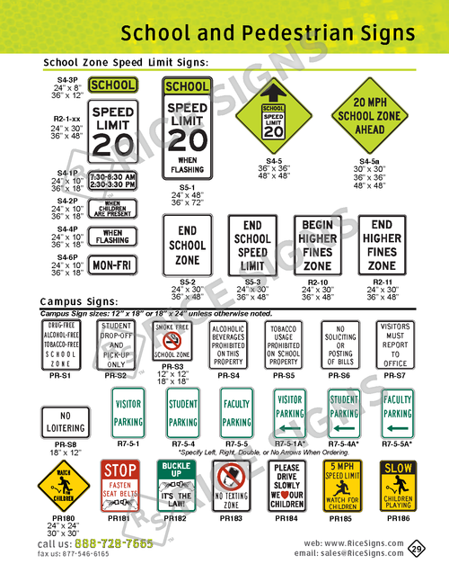 Rice Signs catalog page 29 — School and Pedestrian Signs section showing S5-1 School Speed Limit signs in fluorescent yellow-green, S5-1 With Flashers variants, S5-2 Speed Limit XX When Flashing signs, day/time plates (MON-FRI, WED-FRI), End School Speed Limit, End School Zone, Begin and End Higher Fines Zone signs, 20 MPH School Zone Ahead warning, and campus signs including R7-5 series parking signs for Faculty, Visitors, Staff, plus PR-S series school campus signs for school bus loading, no loitering, faculty parking, and staff parking.