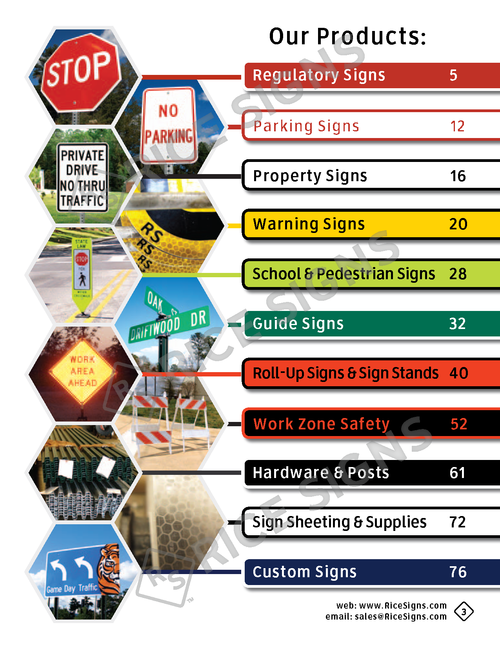 Rice Signs catalog page 3 — Table of Contents listing 11 product categories with starting page numbers: Regulatory Signs page 5, Parking Signs page 12, Property Signs page 16, Warning Signs page 20, School and Pedestrian Signs page 28, Guide Signs page 32, Roll-Up Signs and Sign Stands page 40, Work Zone Safety page 50, Hardware and Posts page 61, Sign Sheeting and Supplies page 72, and Custom Signs page 76.