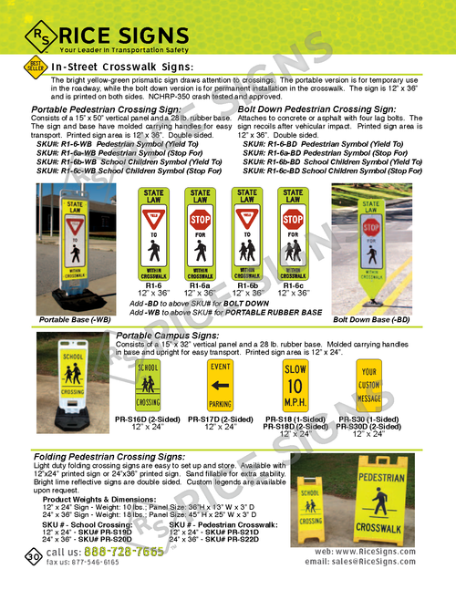 Rice Signs catalog page 30 — School and Pedestrian Signs section showing portable pedestrian crossing signs on weighted bases, roll-down and folding crossing sign assemblies including PR-S9 through PR-S15 in-street crosswalk signs, PR-S19d, PR-S20d, PR-S21d, and PR-S22d double-sided folding crossing signs with carry handles, 30 lb rubber bases, and red weighted bases for deployment in school zones and pedestrian crossing areas.