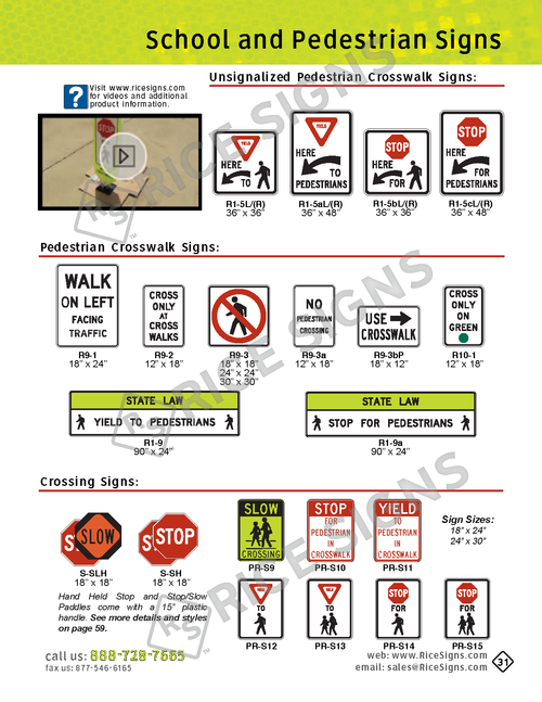 Rice Signs catalog page 31 — School and Pedestrian Signs section showing R1-5 series Unsignalized Pedestrian Crosswalk signs in standard yellow and fluorescent yellow-green with arrow variants, Pedestrian Crosswalk signs including Walk On Left Facing Traffic and Yield To Pedestrians, R1-6 In-Street Pedestrian Crossing signs in black-on-yellow and white-on-black, plus crossing guard equipment including S-SL Stop / Slow handheld paddles, S-SLH lighted paddles, V series safety vests, and RU series sign stands and easels.