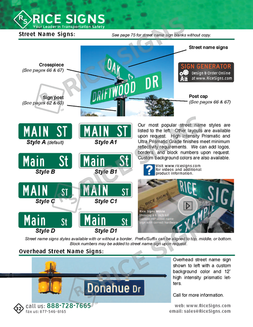 Rice Signs catalog page 32 — start of the Guide Signs section showing Custom Street Name Signs in extruded aluminum Styles A through F (Main St examples in various profiles), Crossarms for cross-street installation, the Street Sign Maker custom configurator, decorative Post Caps in extruded aluminum, Overhead Street Name Signs for span-wire and mast-arm mounting, and street name sign brackets and hardware including H-500 series standard brackets, H-1200 heavy-duty brackets, H-255 through H-V2 specialty hardware, and H-270 through H-290 overhead sign brackets.
