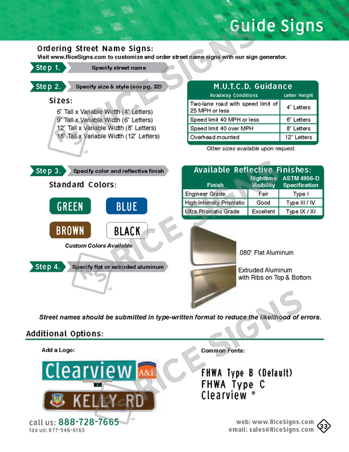 Rice Signs catalog page 33 — Guide Signs section showing the step-by-step ordering process for custom Street Name Signs including Step 1 Specify Style and Style Letter, Step 2 Specify Size and Number of Letters, Step 3 Specify Color (Green, Blue, Brown, Black, White, plus custom colors), MUTCD letter size guidelines (4 inch letters under 25 MPH, 6 inch letters 25-40 MPH, 8 inch letters over 40 MPH), Available Reflective Finishes comparison chart (Engineer Grade, HIP, Diamond Grade with ASTM specifications), and Available Fonts (FHWA Type B default, FHWA Type C, Clearview, Kelly RD).