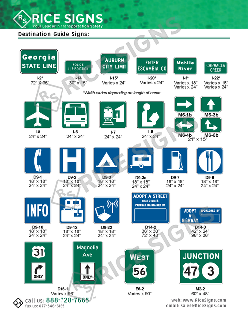 Rice Signs catalog page 34 — Guide Signs section showing D1-1, D1-2, D1-3, D2-1, D2-2, D2-3 Destination Guide Signs for State Line, City Limit, Exit, and Mileage destinations; D10 series and D14 series General Information Signs; I-series icon-based service signs (Hospital H, Phone, Picnic, Camping); plus Interstate Route Shields, State Route shields, and county route markers, along with examples for Magnolia Park and various WEST and EAST route directional assemblies.