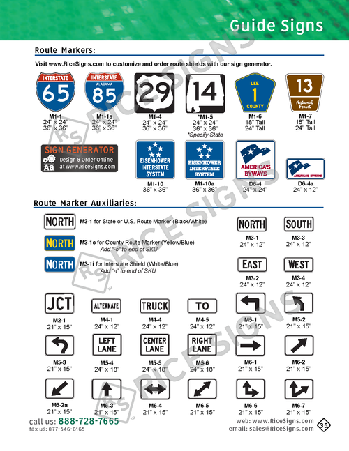 Rice Signs catalog page 35 — Guide Signs section showing Route Markers including Interstate shields (M1-1), U.S. Highway shields (M1-4), State Highway shields (M1-5), County Route markers (M1-6), Truck Route and Business Route variants, plus Route Marker Auxiliary Plates including M3-1 North, M3-2 South, M3-3 East, M3-4 West directional plates, M4-1 Junction, M4-4 Truck, M4-7 To plates, M5-1 and M5-2 turn arrows, M6-1 through M6-4 directional arrows, and Left Lane, Center Lane, and Right Lane auxiliary plates.