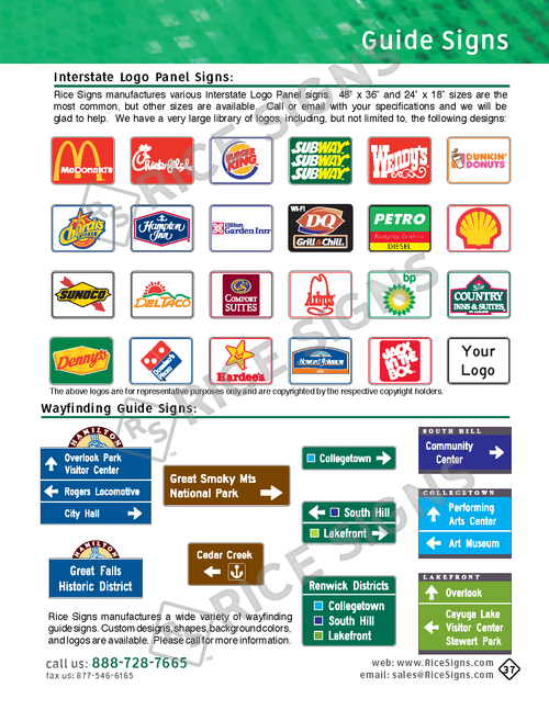 Rice Signs catalog page 37 — Guide Signs section showing Interstate Logo Panel Signs featuring brand logos for Food, Gas, Lodging, and Camping services along major interstate exits, plus Wayfinding Guide Signs for parks (Great Smoky Mountains National Park, Great Falls National Park), city districts (Collegetown, Westside, South Hill), historic districts (Henderson Historic District, Brewers District), and trail markers (Color Creek), with examples of custom community wayfinding signage in various color schemes.
