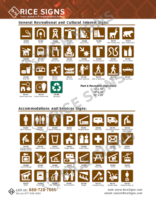 Rice Signs catalog page 38 — Guide Signs section showing brown-background General Recreational and Cultural Interest Signs with symbols for camping, hiking, fishing, swimming, picnic, boating, skiing, horseback riding, cycling, and park access; blue-background Accommodations and Services Signs with symbols for hotel, motel, restaurant, gas, hospital, medical services, telephone, information center, and wheelchair-accessible facilities — all brown Park and Recreation Signs and blue service signs available in 12 by 18, 18 by 18, 24 by 24, and 30 by 30 inch sizes.