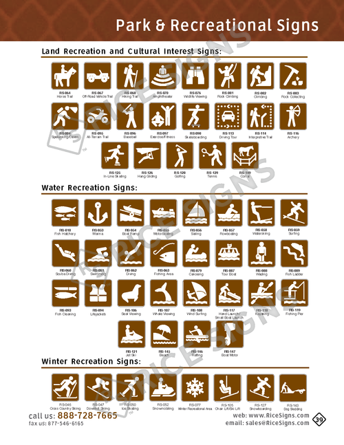 Rice Signs catalog page 39 — final page of the Guide Signs section showing brown-background Park and Recreational Signs in three groups: Land Recreation and Cultural Interest Signs (hiking, camping, picnic area, biking, rock climbing, horseback riding, observation deck, restroom, drinking water, food, historical marker symbols), Water Recreation Signs (boating, fishing, swimming, marina, dock, scuba diving, waterskiing, canoeing, kayaking, paddle boat, sailing symbols), and Winter Recreation Signs (downhill skiing, cross-country skiing, snowmobile, snowshoe, ice skating, sledding, ice fishing, ski lift symbols).
