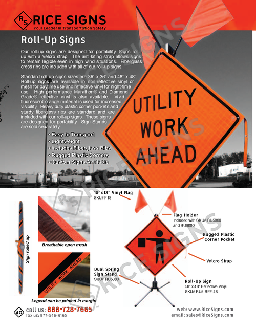 Rice Signs catalog page 40 — start of the Roll-Up Signs and Sign Stands section showing a Utility Work Ahead roll-up sign on a spring-mounted sign stand with detail call-outs for the corner pocket, reinforced top pocket, flag holder, double flag mount, dual spring stand, and aluminum sign pole, along with introductory text covering the available 36 inch and 48 inch sign sizes, mesh fabric construction, vinyl reflective sheeting options, and the range of roll-up sign categories (utility work, construction, mowing ahead, lane closure, custom worded, and changeable message signs).