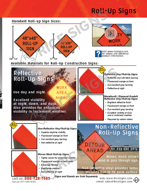 Rice Signs catalog page 41 — Roll-Up Signs section comparing Standard Roll-Up Sign Sizes (48 by 48 inch and 36 by 36 inch diamonds), Reflective Roll-Up Signs for day-and-night use with excellent visibility on reflective vinyl mesh, and Non-Reflective Roll-Up Signs for day-only use on flow-through mesh material with lower cost. Examples shown include RIGHT LANE CLOSED, LANE CLOSED, SLOW, and DETOUR AHEAD roll-up signs in fluorescent orange.