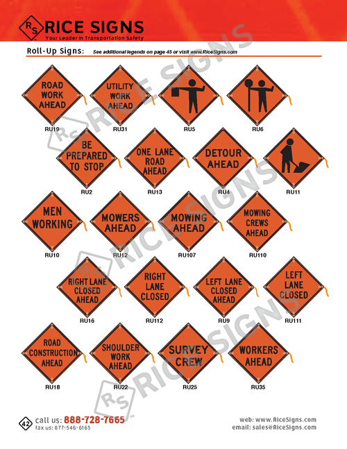 Rice Signs catalog page 42 — Roll-Up Signs section showing fluorescent orange diamond Construction Roll-Up Signs including RU0 Road Work Ahead, RU2 Men Working, Detour Ahead, One Lane Road Ahead, Worker Ahead, Mowing Crews Working, Road Closed, Lane Closed Ahead, Right Lane Closed, Left Lane Closed, Road Construction Ahead, Survey Crew, and Workers Ahead roll-up signs on mesh fabric for work zone deployment.