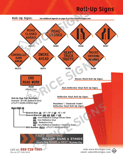 Rice Signs catalog page 43 — Roll-Up Signs section showing additional construction-themed roll-up signs including Road Closed Ahead, Road Closed, Controlled Access Ahead, Smoke Ahead, Slow Traffic Ahead, Truck Entering, plus Mower Mesh Roll-Up Signs for highway and forestry mowing crews, state-specific Road Work signs, emergency management roll-up signs, and special event roll-up signs in fluorescent orange mesh.