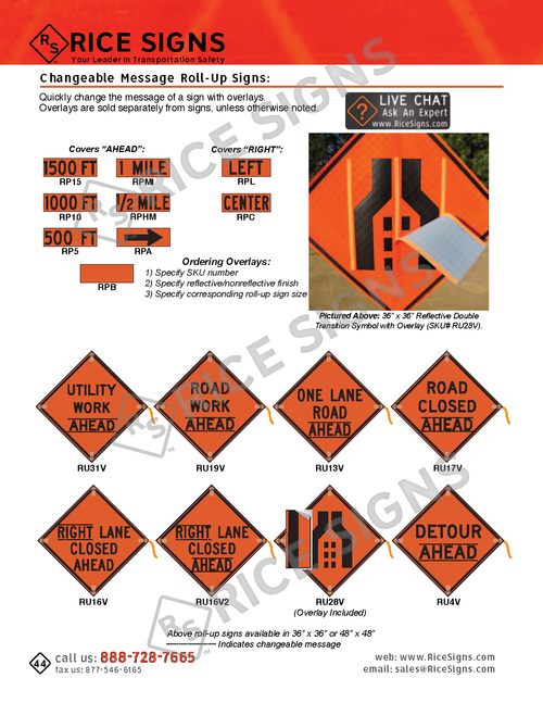 Rice Signs catalog page 44 — Roll-Up Signs section showing Changeable Message Roll-Up Signs with overlay panels for quick message changes — UTILITY WORK AHEAD with AHEAD overlay, ROAD WORK AHEAD with ROAD overlay, ONE LANE ROAD AHEAD, ROAD CLOSED, LEFT LANE CLOSED with LEFT overlay, RIGHT LANE CLOSED with RIGHT overlay, and DETOUR AHEAD — covering the RP series (RP5, RP10, RP15, RPA, RPB, RPC, RPHM, RPL, RPMI) and RU-V vinyl-changeable variants (RU13v, RU16v, RU17v, RU19v, RU28v, RU31v, RU4s, RP-RLCA).