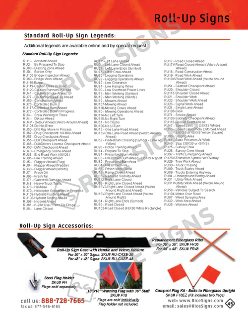 Rice Signs catalog page 45 — Roll-Up Signs section listing all Standard Roll-Up Sign Legends available across the Construction, Mowing, Lane Closure, Utility, Emergency Management, and Symbol roll-up categories, plus Roll-Up Sign Stands including the RU2000 Heavy-Duty Spring Stand, RU2500 Standard Spring Stand, RU2500-Tripod Tripod Sign Stand, RU3000 Dual-Spring Stand, RU4000 Heavy-Duty Stand, and the Compact Flag Kit with case for portable flag deployment.