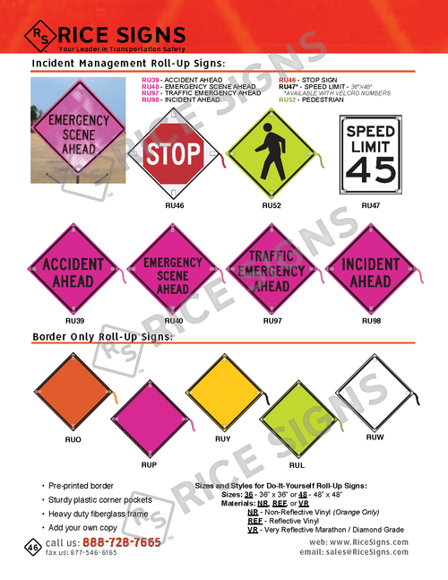 Rice Signs catalog page 46 — Roll-Up Signs section showing Incident Management Roll-Up Signs (red and orange Emergency Scene Ahead, octagonal STOP, Speed Limit 45, Pedestrian symbol, Accident Ahead, View Approach Ahead, Incident Ahead) and Border-Only Roll-Up Signs (blank diamond signs with pre-printed colored borders for custom message printing) including RUY yellow border, RUO orange border, RUP pink border, RUW white border, and RUL color border roll-up signs.