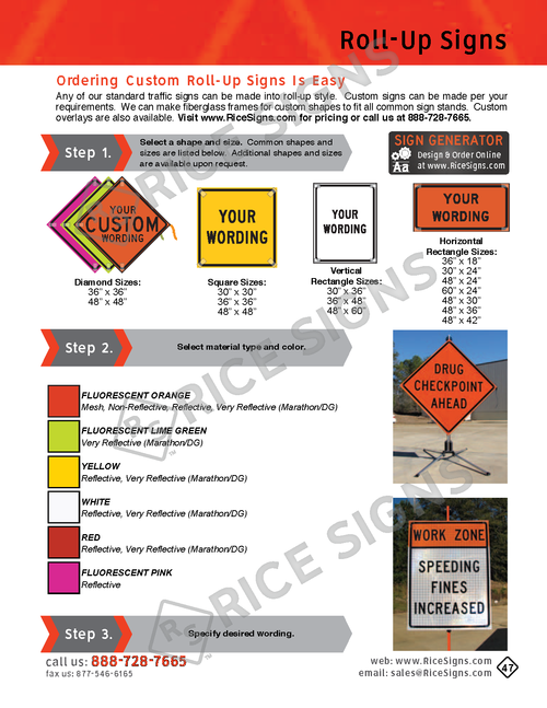 Rice Signs catalog page 47 — Roll-Up Signs section showing the three-step Ordering Custom Roll-Up Signs guide: Step 1 Choose sign type (Diamond 36 by 36 or 48 by 48 inch, Rectangle, Horizontal Rectangle), Step 2 Select sign material color (Yellow, Orange, Pink Fluorescent, White, Yellow Fluorescent) and reflective grade (Reflective or Non-Reflective), Step 3 Enter your custom wording with examples DRUG CHECKPOINT AHEAD and WORK ZONE SPEEDING FINES INCREASED, plus reference to the online Sign Maker configurator tool.