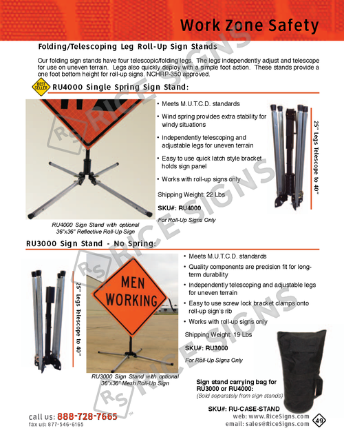 Rice Signs catalog page 49 — Roll-Up Sign Stands detail showing the RU8000 Single-Spring Sign Stand with telescoping legs, wind spring for extra stability, easy quick-latch sign holder, and capacity for 36 inch or 48 inch roll-up or rigid pole-up signs; and the RU3000 Sign Stand (no spring) with a Men Working sign mounted, MUTCD-compliant design, telescoping folding legs, and quick-latch sign holder.